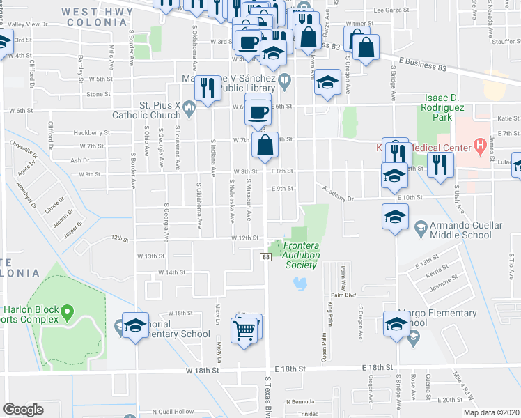 map of restaurants, bars, coffee shops, grocery stores, and more near 1000 S Texas Blvd in Weslaco