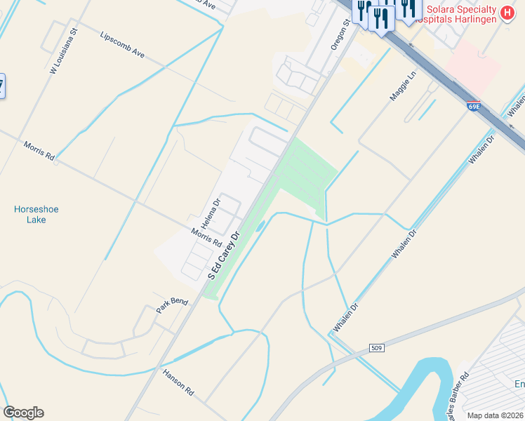 map of restaurants, bars, coffee shops, grocery stores, and more near 1116 Fairway in Harlingen