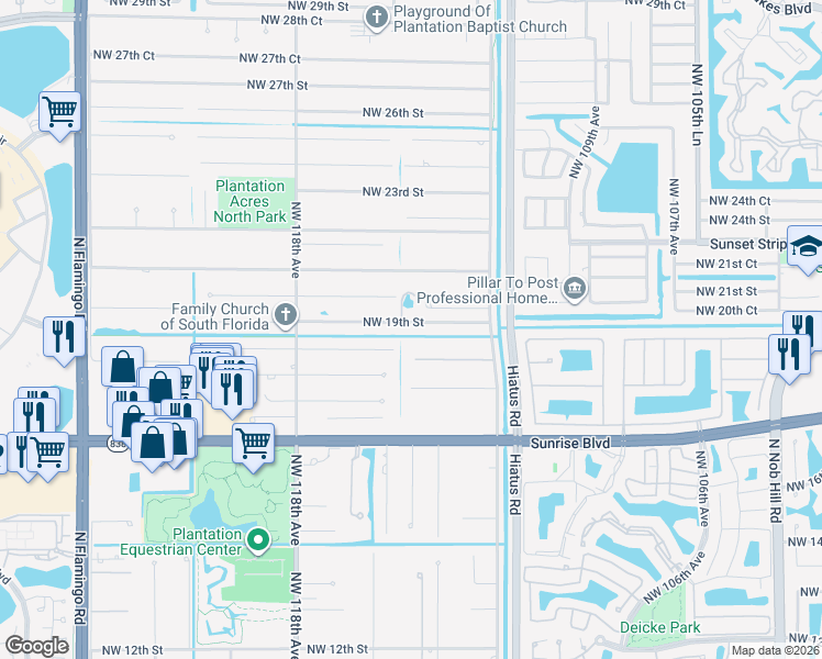 map of restaurants, bars, coffee shops, grocery stores, and more near 11450 Northwest 19th Street in Plantation