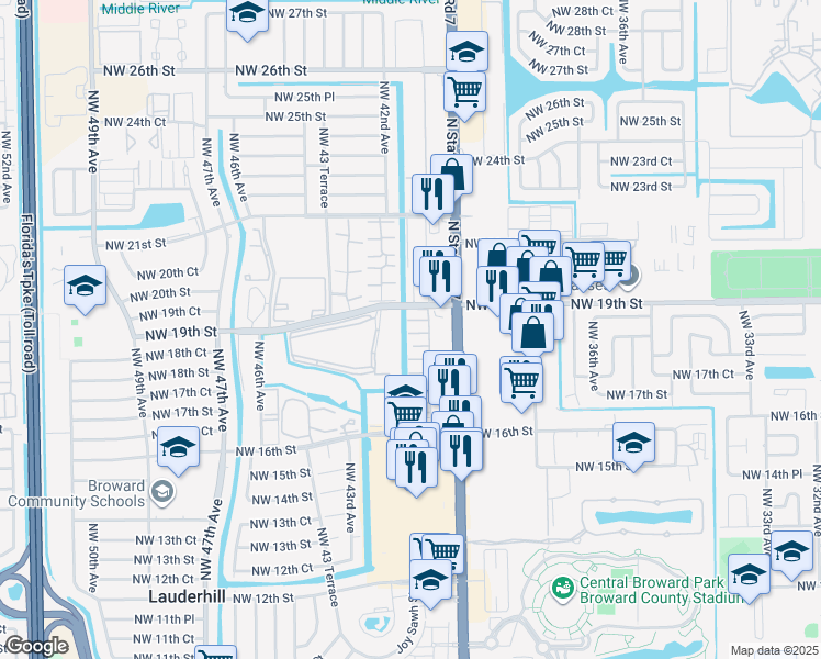 map of restaurants, bars, coffee shops, grocery stores, and more near 4042 Northwest 19th Street in Lauderhill