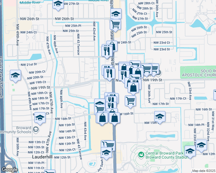 map of restaurants, bars, coffee shops, grocery stores, and more near 1879 Florida 7 in Lauderhill