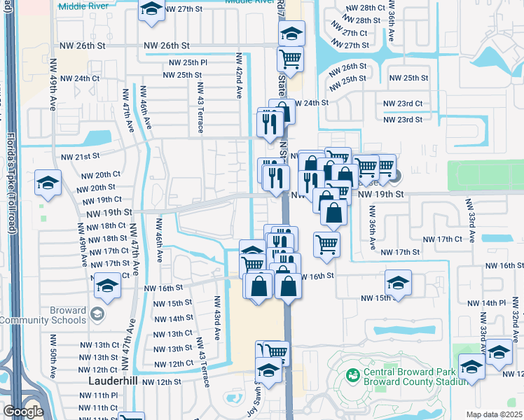 map of restaurants, bars, coffee shops, grocery stores, and more near 4042 Northwest 19th Street in Lauderhill