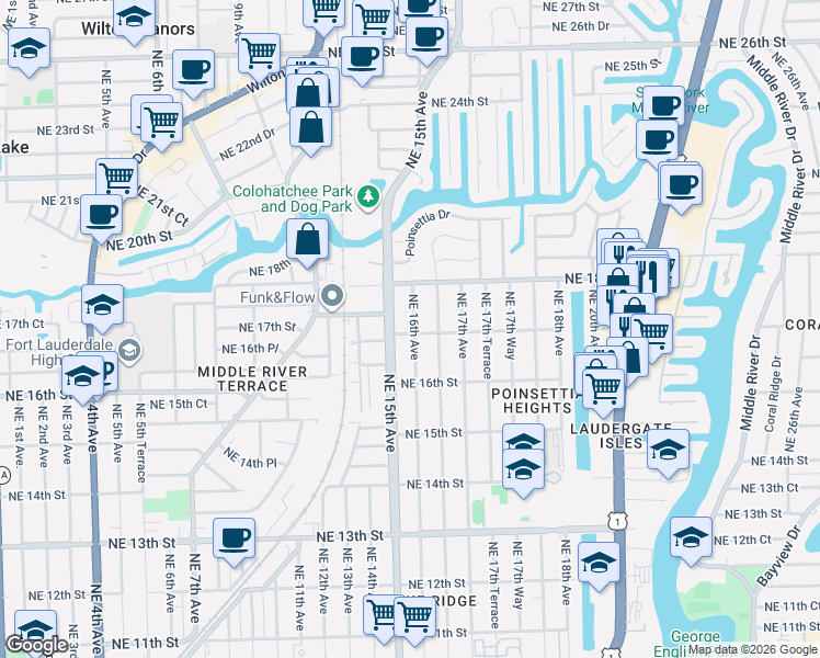 map of restaurants, bars, coffee shops, grocery stores, and more near 1512 Northeast 17th Street in Fort Lauderdale