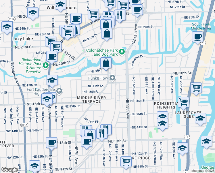 map of restaurants, bars, coffee shops, grocery stores, and more near 1647 Northeast 12th Terrace in Fort Lauderdale