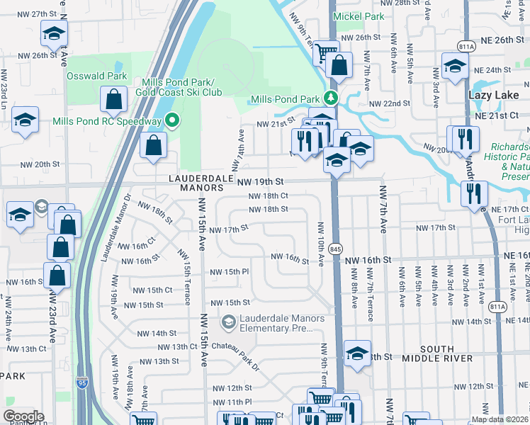 map of restaurants, bars, coffee shops, grocery stores, and more near 1147 Northwest 17th Street in Fort Lauderdale