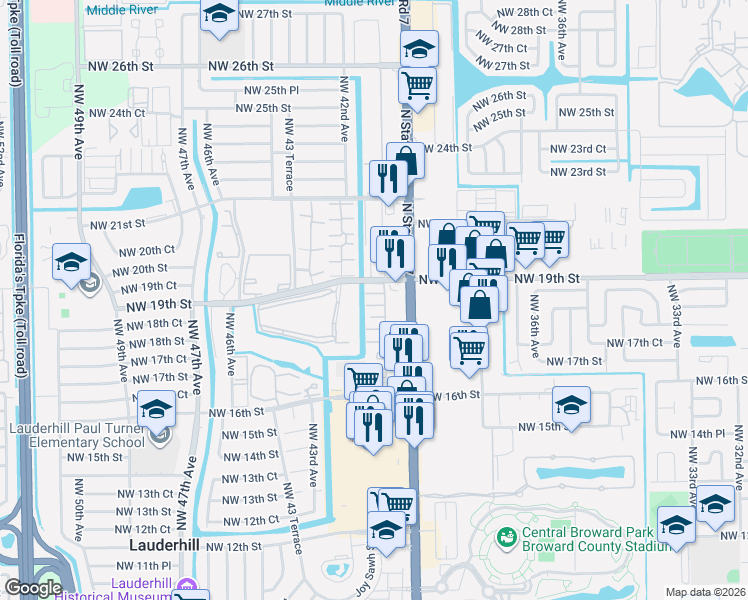 map of restaurants, bars, coffee shops, grocery stores, and more near 4042 Northwest 19th Street in Lauderhill
