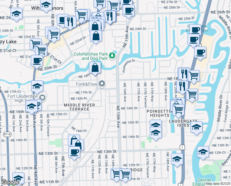 map of restaurants, bars, coffee shops, grocery stores, and more near 1709 Northeast 15th Avenue in Fort Lauderdale