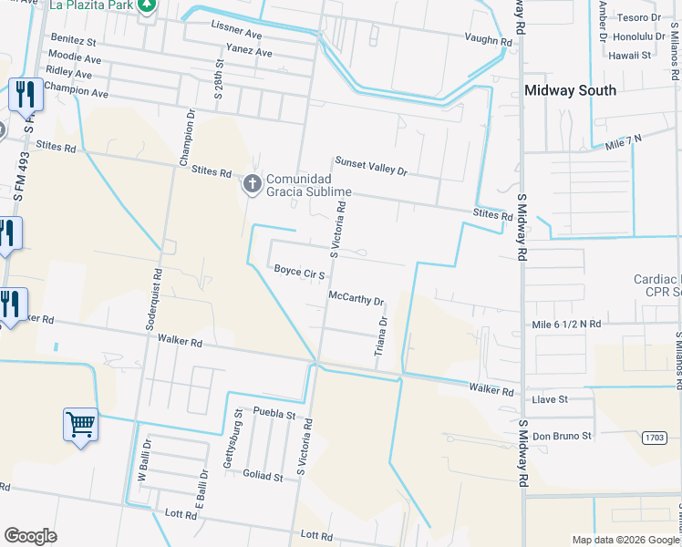 map of restaurants, bars, coffee shops, grocery stores, and more near 1407 South Victoria Road in Donna