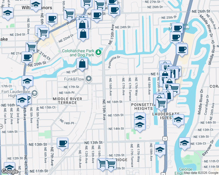 map of restaurants, bars, coffee shops, grocery stores, and more near 1512 Northeast 17th Street in Fort Lauderdale
