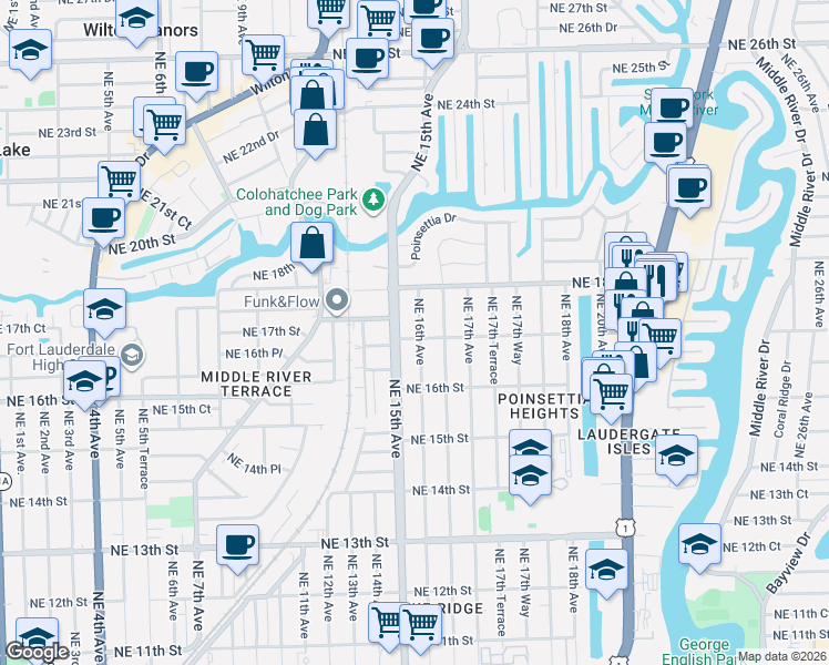 map of restaurants, bars, coffee shops, grocery stores, and more near 1512 Northeast 17th Street in Fort Lauderdale