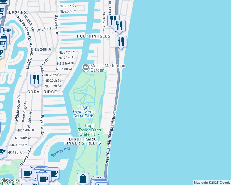 map of restaurants, bars, coffee shops, grocery stores, and more near 1635 North Fort Lauderdale Beach Boulevard in Fort Lauderdale