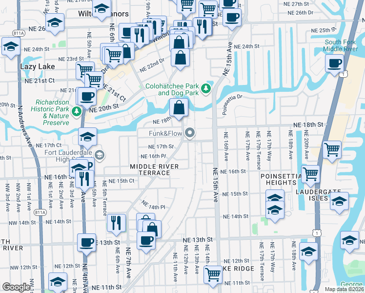 map of restaurants, bars, coffee shops, grocery stores, and more near 1647 Northeast 12th Terrace in Fort Lauderdale