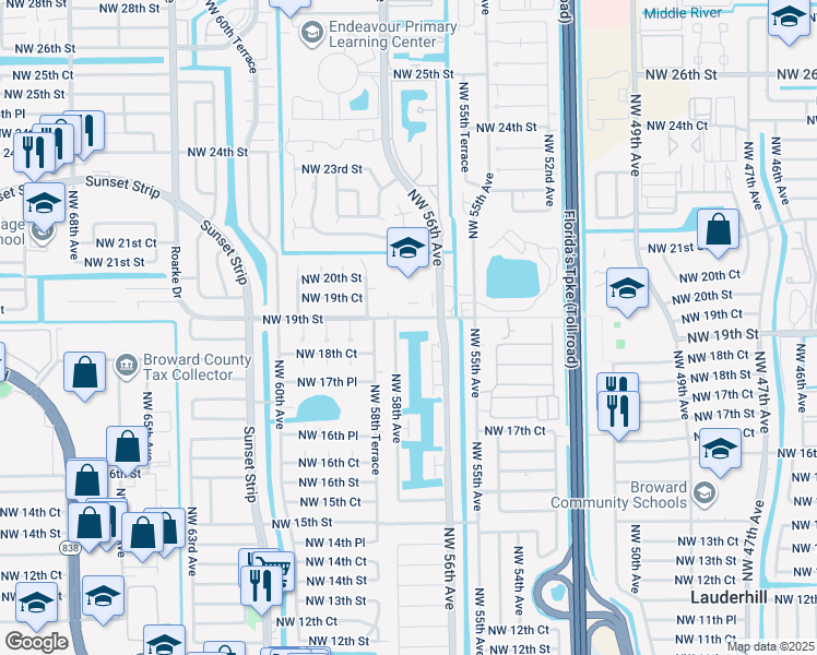 map of restaurants, bars, coffee shops, grocery stores, and more near 1842 Northwest 58th Avenue in Lauderhill