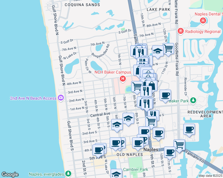 map of restaurants, bars, coffee shops, grocery stores, and more near 295 6th Street North in Naples