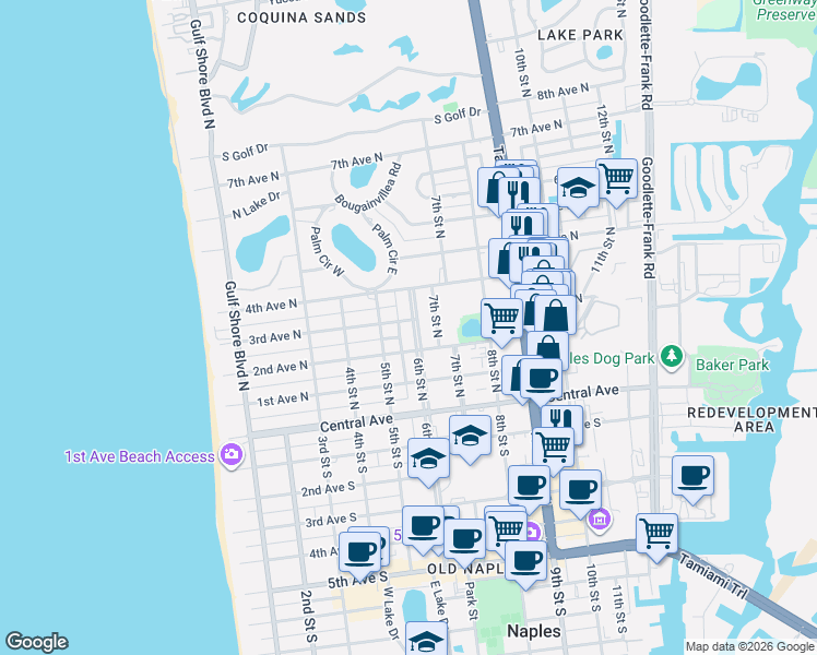 map of restaurants, bars, coffee shops, grocery stores, and more near 531 2nd Avenue North in Naples