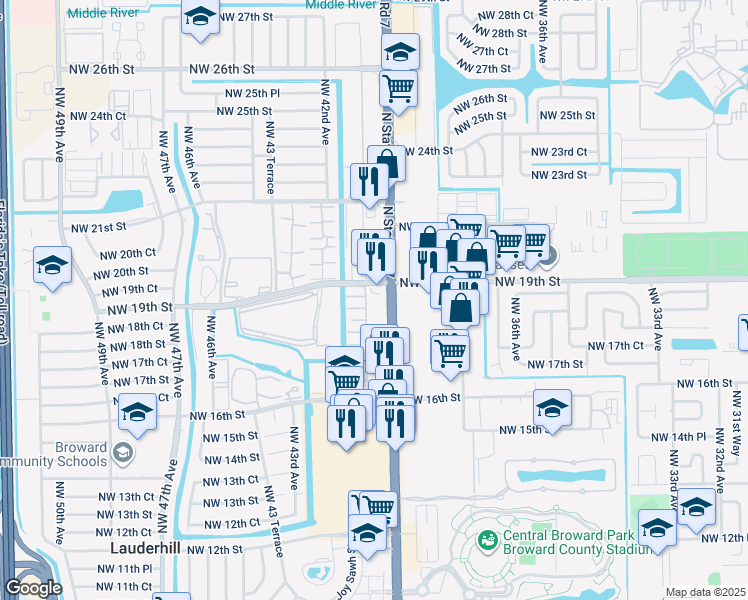 map of restaurants, bars, coffee shops, grocery stores, and more near 1879 Florida 7 in Lauderhill