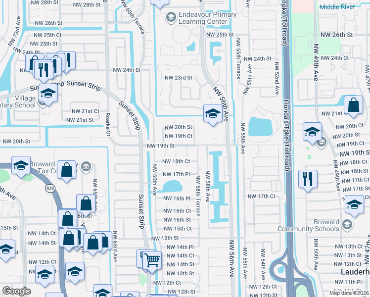 map of restaurants, bars, coffee shops, grocery stores, and more near 1870 Northwest 59th Terrace in Sunrise