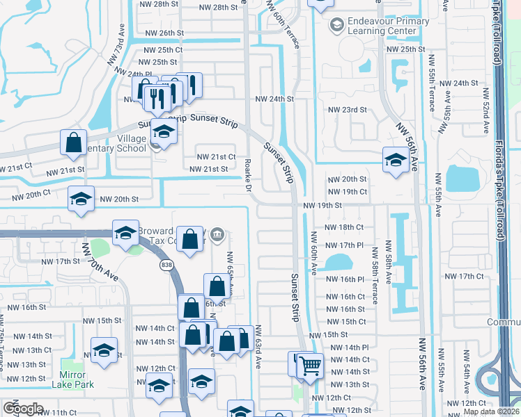 map of restaurants, bars, coffee shops, grocery stores, and more near 6260 Northwest 19th Street in Sunrise