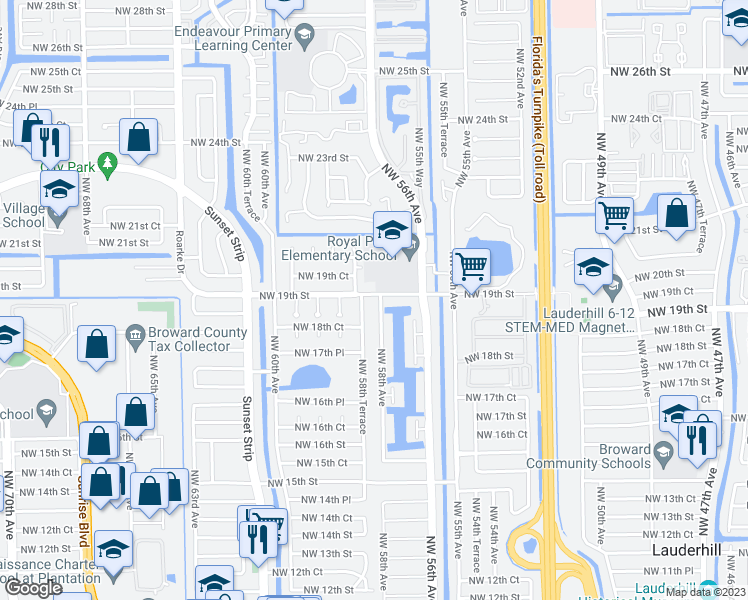 map of restaurants, bars, coffee shops, grocery stores, and more near 5820 Northwest 18th Court in Sunrise