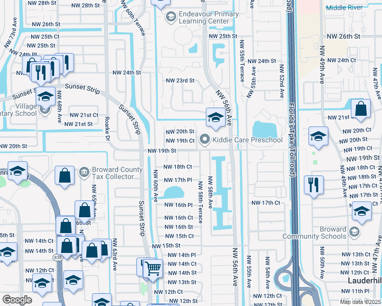 map of restaurants, bars, coffee shops, grocery stores, and more near 1871 Northwest 58th Terrace in Sunrise