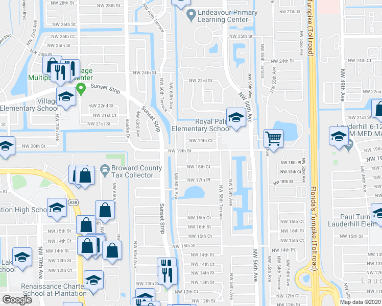 map of restaurants, bars, coffee shops, grocery stores, and more near 1861 Northwest 59th Way in Sunrise