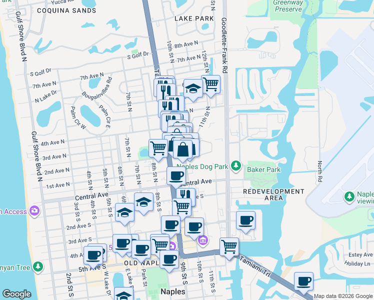 map of restaurants, bars, coffee shops, grocery stores, and more near 1015 2nd Avenue North in Naples