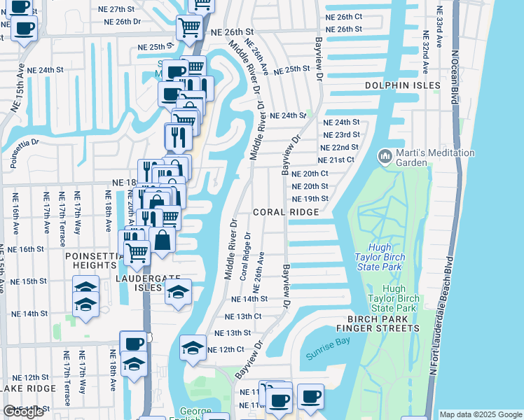 map of restaurants, bars, coffee shops, grocery stores, and more near 1718 Coral Ridge Drive in Fort Lauderdale