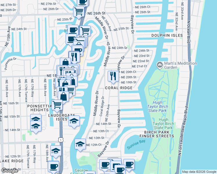 map of restaurants, bars, coffee shops, grocery stores, and more near 1718 Coral Ridge Drive in Fort Lauderdale