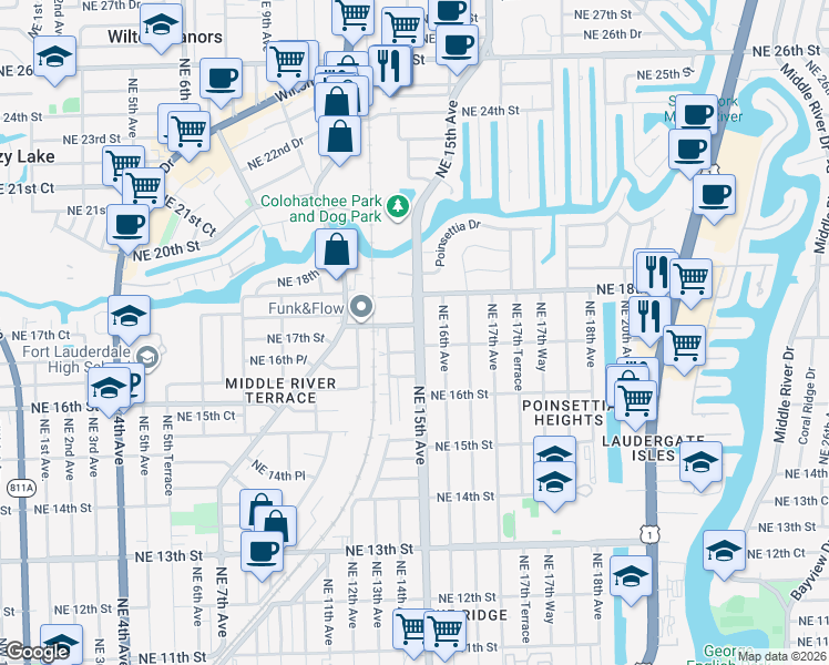 map of restaurants, bars, coffee shops, grocery stores, and more near 1407 Northeast 17th Street in Fort Lauderdale
