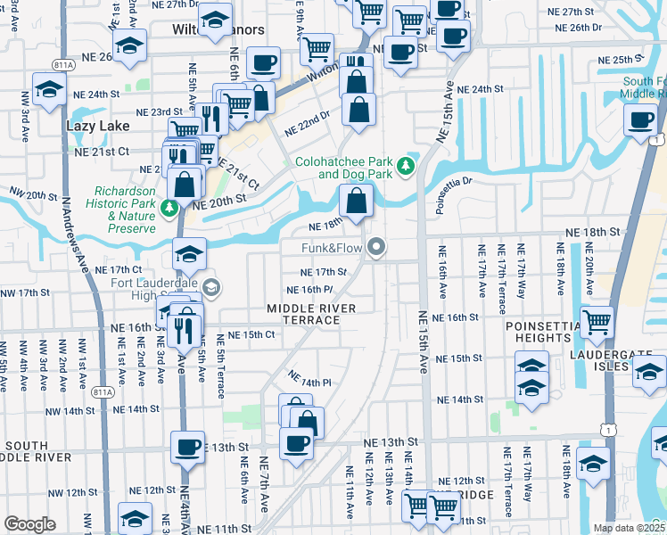 map of restaurants, bars, coffee shops, grocery stores, and more near 1016 Northeast 17th Street in Fort Lauderdale