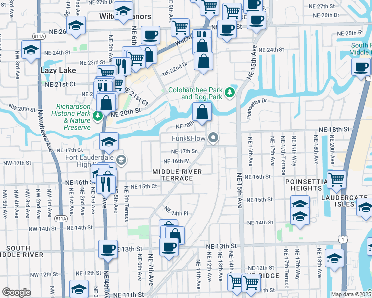 map of restaurants, bars, coffee shops, grocery stores, and more near 1016 Northeast 17th Street in Fort Lauderdale