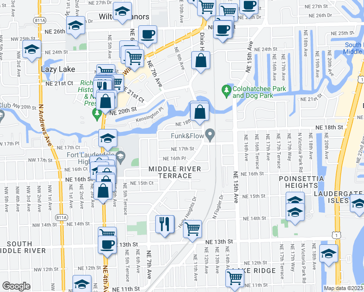 map of restaurants, bars, coffee shops, grocery stores, and more near 913 Northeast 17th Street in Fort Lauderdale