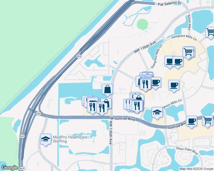 map of restaurants, bars, coffee shops, grocery stores, and more near 1941 Northwest 136th Avenue in Sunrise