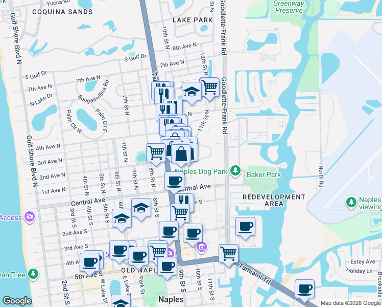 map of restaurants, bars, coffee shops, grocery stores, and more near 1057 2nd Avenue North in Naples