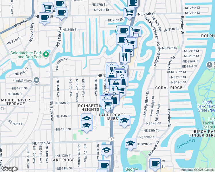map of restaurants, bars, coffee shops, grocery stores, and more near 1620 Northeast 20th Avenue in Fort Lauderdale
