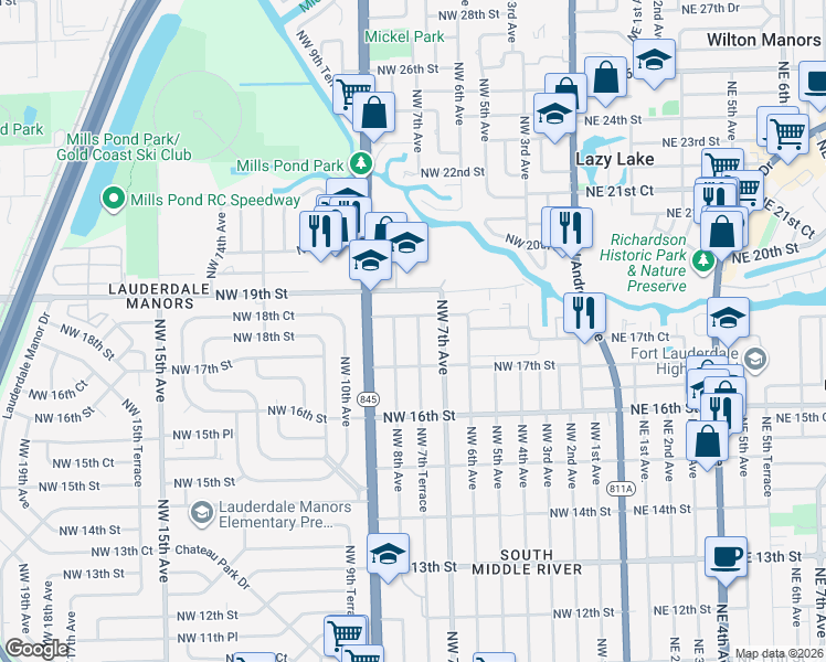 map of restaurants, bars, coffee shops, grocery stores, and more near 1713 Northwest 7th Terrace in Fort Lauderdale