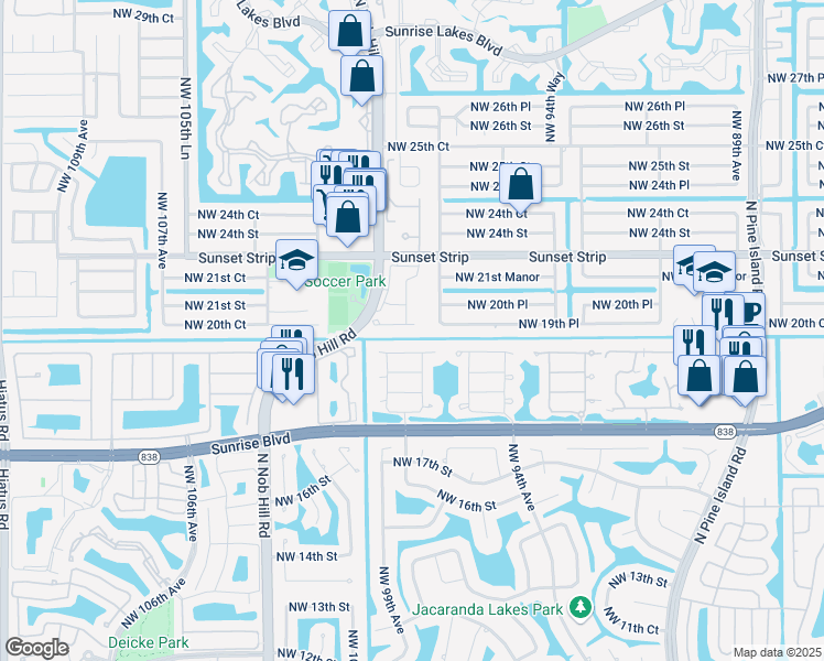 map of restaurants, bars, coffee shops, grocery stores, and more near 9810 Northwest 19th Place in Sunrise