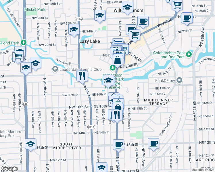 map of restaurants, bars, coffee shops, grocery stores, and more near 1699 Northeast 3rd Avenue in Fort Lauderdale