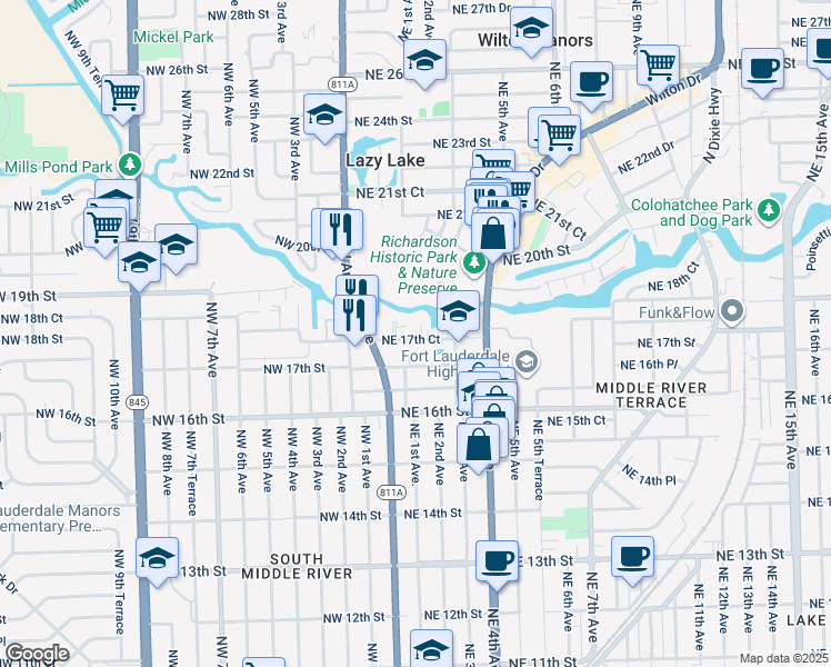 map of restaurants, bars, coffee shops, grocery stores, and more near 201 Northeast 16th Place in Fort Lauderdale