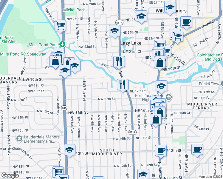 map of restaurants, bars, coffee shops, grocery stores, and more near 1733 Northwest 3rd Avenue in Plantation
