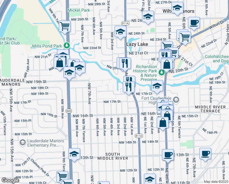 map of restaurants, bars, coffee shops, grocery stores, and more near 1733 Northwest 3rd Avenue in Fort Lauderdale