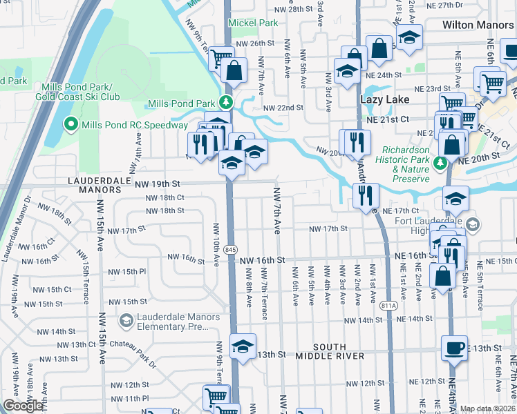 map of restaurants, bars, coffee shops, grocery stores, and more near 1713 Northwest 7th Terrace in Fort Lauderdale