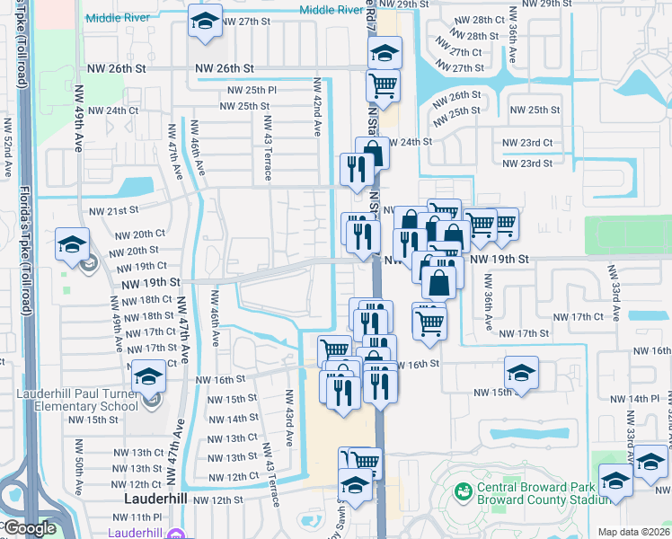 map of restaurants, bars, coffee shops, grocery stores, and more near 4042 Northwest 19th Street in Lauderhill