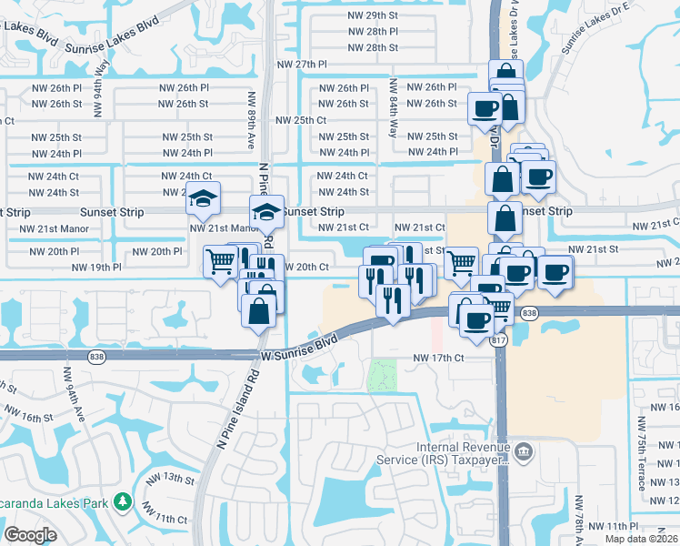 map of restaurants, bars, coffee shops, grocery stores, and more near in Plantation