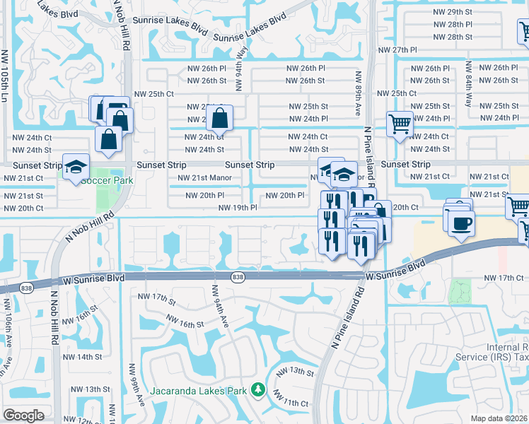 map of restaurants, bars, coffee shops, grocery stores, and more near in Sunrise