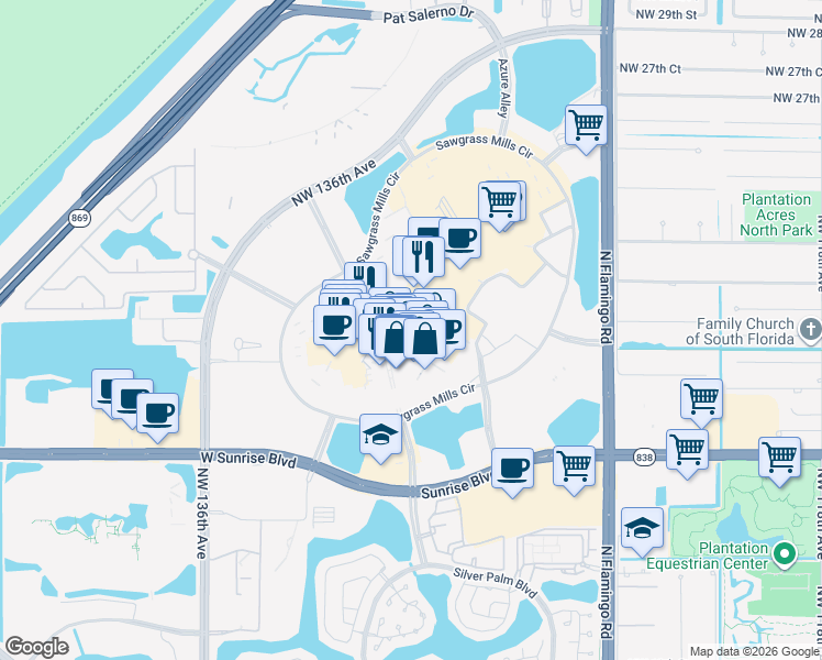 map of restaurants, bars, coffee shops, grocery stores, and more near 1800 Sawgrass Mills Circle in Sunrise