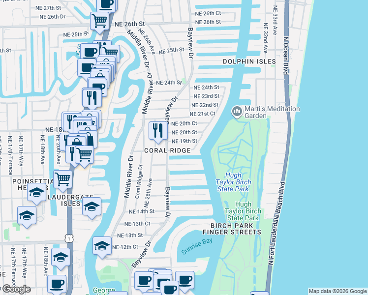 map of restaurants, bars, coffee shops, grocery stores, and more near 2724 Northeast 18th Street in Fort Lauderdale