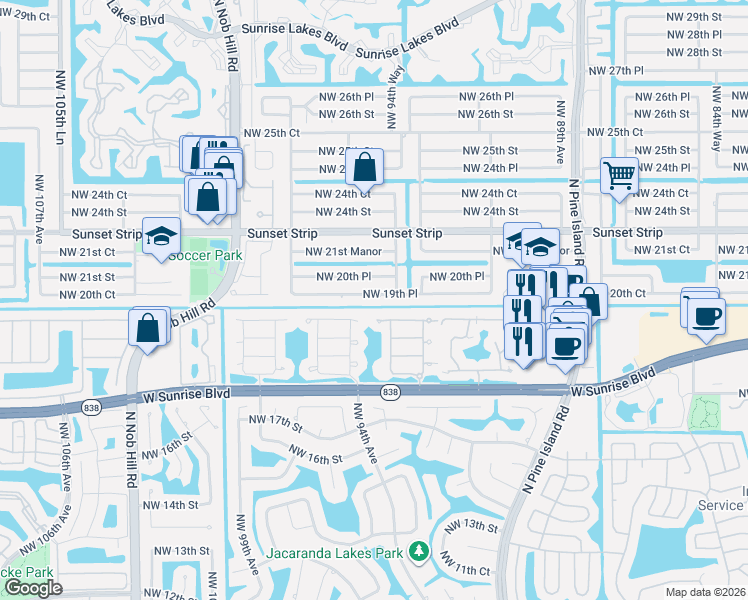 map of restaurants, bars, coffee shops, grocery stores, and more near 1877 Northwest 93rd Way in Plantation