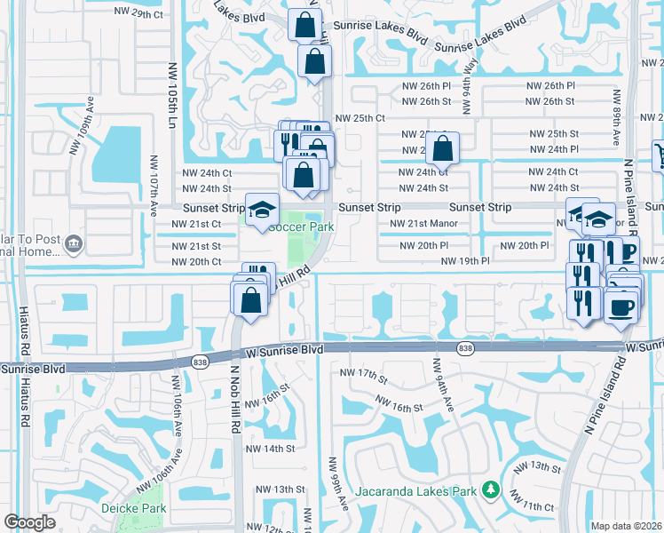 map of restaurants, bars, coffee shops, grocery stores, and more near 1875 Northwest 99th Avenue in Plantation