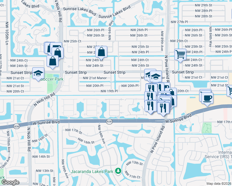 map of restaurants, bars, coffee shops, grocery stores, and more near 9371 Northwest 18th Drive in Plantation